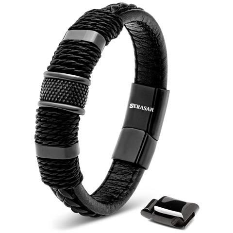 Bracciale da Uomo in Pelle, ""Ring"", 20cm, Nero - Foto 1