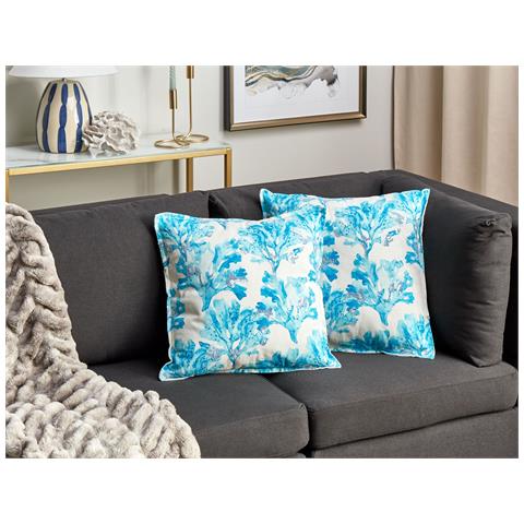 Set Di 2 Cuscini Rockweed Cotone 45 X 45 Cm Blu Trama Floreale - Foto 1