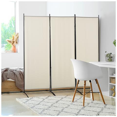 Paravento Separé Da Interno A 3 Pannelli Pieghevole In Metallo E Poliestere, 253x50x182cm, Beige - Foto 2