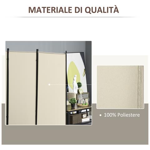Paravento Separé Da Interno A 3 Pannelli Pieghevole In Metallo E Poliestere, 253x50x182cm, Beige - Foto 6