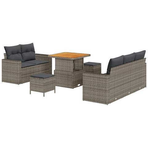 Set di Divano da Giardino a 8 Pezzi con Cuscini Grigio Rattan Poliestere Acacia, Set da Pranzo da Giardino a 3 Pezzi con Cuscini Grigio Rattan Poliestere Acacia - Foto 1