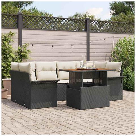 Set divani giardino con cuscini da 7 pezzi Rattan Poli Acacia Nero - Foto 2
