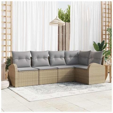 Set divano da giardino 5 pezzi con cuscini Beige Polirattan - Foto 2