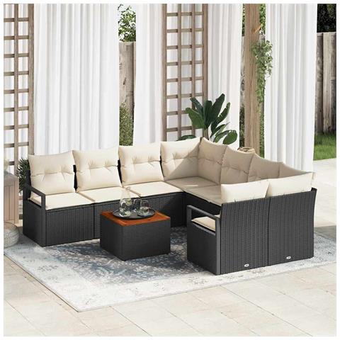 Set Divano da Giardino da 9 Pezzi con Cuscini Rattan Nero Acacia, Divano da Giardino a Due Posti con Ripostiglio e Cuscini Rattan Nero - Foto 2
