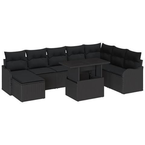 Set di Divani da Giardino  9 Pezzi con Cuscini in Polyrattan Nero, Divano Giardino 2 Posti con Cuscini in Polyrattan Nero - Foto 1