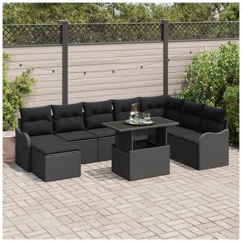 Set di Divani da Giardino  9 Pezzi con Cuscini in Polyrattan Nero, Divano Giardino 2 Posti con Cuscini in Polyrattan Nero - Foto 2
