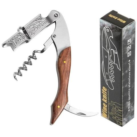 Cavatappi Multifunzione In Acciaio Inox Con Manico In Legno Di Palissandro A Foglia Di Vite - Foto 1