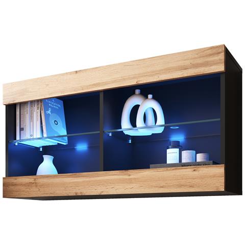 Komodee Tivoli Horizontal 100 Vetrina Sospesa, Nero/rovere Wotan, Illuminazione Led Blu, Larghezza 100 Cm X Altezza 50 Cm X Profondità 29 Cm, Per Soggiorno, Sala Da Pranzo - Foto 3