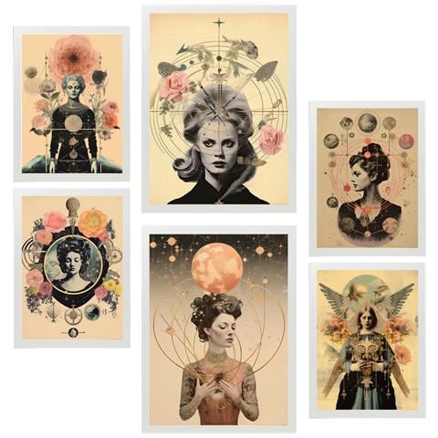 Set Di 6 Stampe Dipinto Decorativo Collage Floreale Surreale In Mistico Esoterico Incorniciato Con Illustrazioni A3 & A4 Cornice Bianca - Foto 1