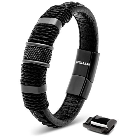 Bracciale da Uomo in Pelle, ""Ring"", 23cm, Nero - Foto 16