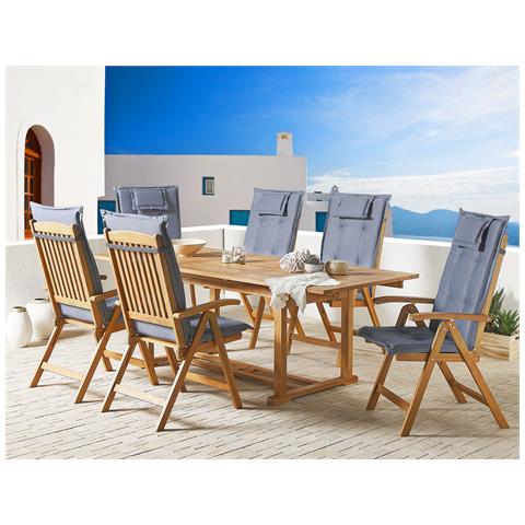 Set Di 6 Sedie Da Giardino In Legno Con Cuscini Blu Java - Foto 1