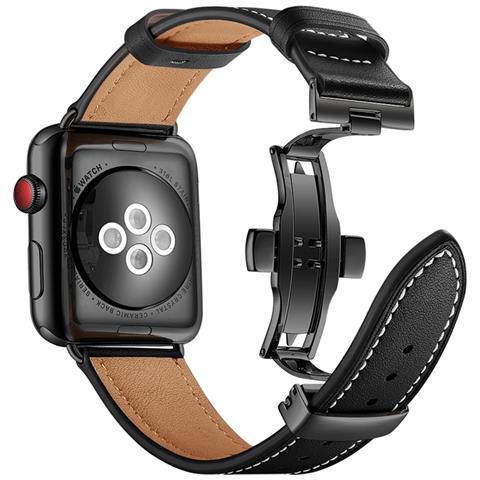 Cinturino Per Apple Watch 38/40/41mm Vera Pelle Chiusura Pieghevole, Nero - Foto 2