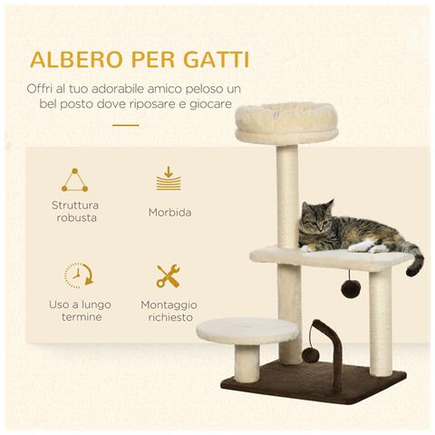 Albero Tiragraffi Per Gatti Con Palo In Sisal, Posatoio E Palline Da Gioco, In Truciolato E Peluche, 44x38x74 Cm - Foto 6