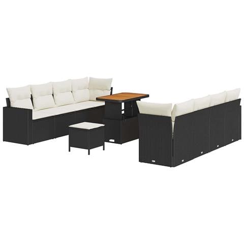 Set di divani da giardino 11 pezzi con cuscini in rattan sintetico nero e acacia, Set da pranzo da giardino 3 pezzi con cuscini in rattan sintetico nero e acacia - Foto 1