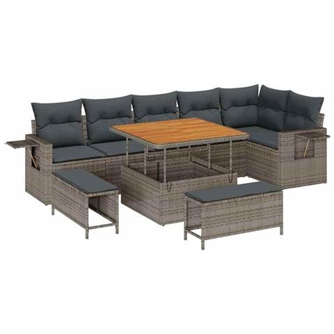 Set divano da giardino 9 pezzi con cuscini grigio polirattan acacia, Set da pranzo da giardino 3 pezzi con cuscini grigio polirattan acacia - Foto 1