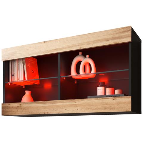 Komodee Tivoli Horizontal 100 Vetrina Sospesa, Nero/rovere Wotan, Illuminazione Led Multicolore Rgb, Larghezza 100 Cm X Altezza 50 Cm X Profondità 29 Cm, Per Soggiorno, Sala Da Pranzo - Foto 3
