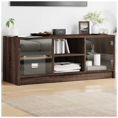Mobile Porta Tv Con Ante In Vetro Rovere Marrone 102x37x42 Cm - Foto 1