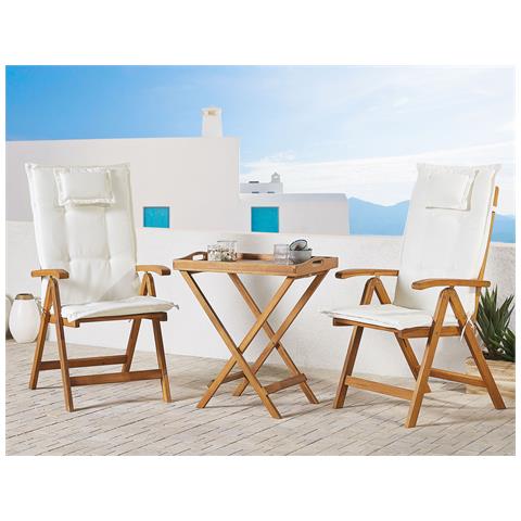 Set Di 2 Sedie Da Giardino In Legno Di Acacia Con Cuscini Bianco Sporco Java - Foto 1