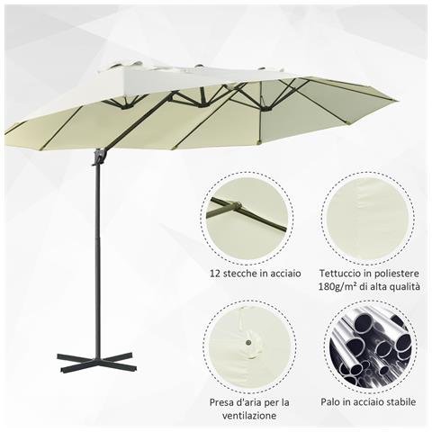 Ombrellone Doppio in Acciaio e Poliestere Anti-UV Impermeabile, 440x270x250cm, Beige - Foto 6