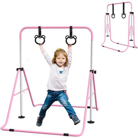 Sbarra Ginnastica Artistica per Bambini ad Altezza Regolabile con 2 Anelli, in Acciaio, 148x105x88-128 cm, Rosa - Foto 1