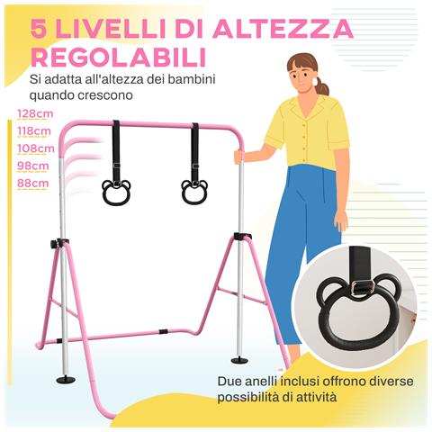 Sbarra Ginnastica Artistica per Bambini ad Altezza Regolabile con 2 Anelli, in Acciaio, 148x105x88-128 cm, Rosa - Foto 6