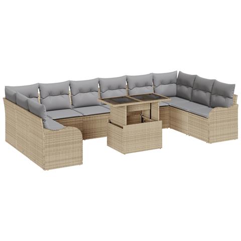Set da giardino , 11 pezzi con cuscini beige in rattan, Divano da giardino a 2 posti  con cuscini beige in rattan - Foto 1