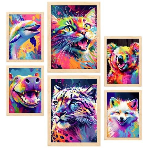 Set Di 6 Stampe Animali Di Terra E D'acqua In Formato Ritratto. Vivaci Illustrazioni In Stile Acquerello Di Animali Sorridenti. A3 & A4 Telaio In Legno Chiaro - Foto 1