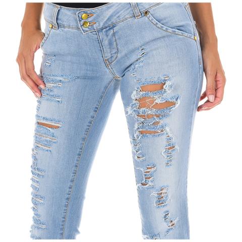 Pantaloni Lunghi In Denim Effetto Consumato E Strappato 10dbf0094 Donna - Foto 3