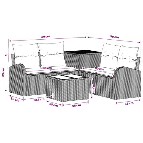 Set di divani 6 pz Marrone e Rosso Rattan sintetico e Acciaio - Foto 2