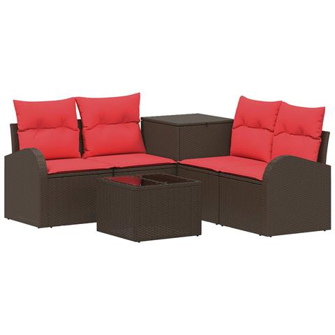 Set di divani 6 pz Marrone e Rosso Rattan sintetico e Acciaio - Foto 1