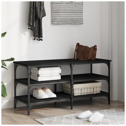 Panca Porta Scarpe Nera 100x38,5x49 Cm In Legno Multistrato - Foto 3