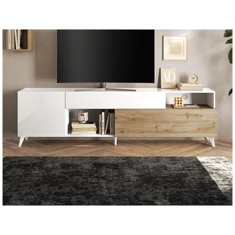 Mobile Tv Con 2 Ante, 1 Cassetto E 2 Nicchie 241 Cm Bianco Laccato E Naturale - Donala - Foto 1