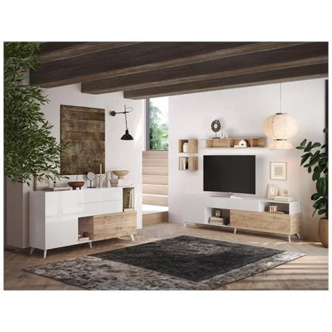 Mobile Tv Con 2 Ante, 1 Cassetto E 2 Nicchie 241 Cm Bianco Laccato E Naturale - Donala - Foto 5