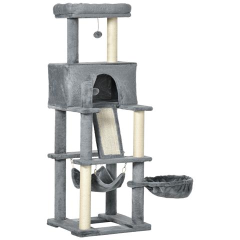 Albero Tiragraffi Per Gatti Con Pali In Sisal, Casetta, Lettino E Amache, 48x48x140cm, Grigio - Foto 1