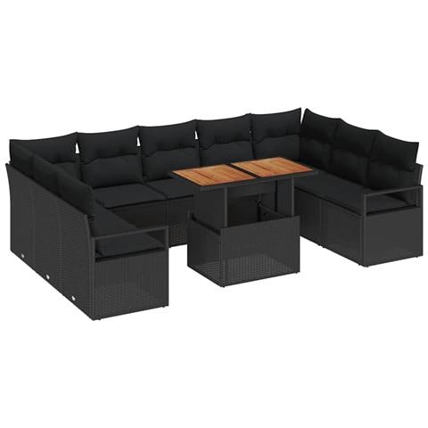 Set da giardino 10 pezzi con cuscini neri in polyrattan e acacia, Divano da giardino 2 posti con cuscini neri in polyrattan - Foto 1