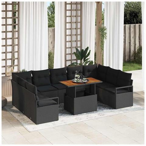 Set da giardino 10 pezzi con cuscini neri in polyrattan e acacia, Divano da giardino 2 posti con cuscini neri in polyrattan - Foto 2