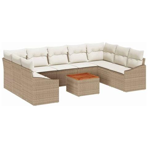 Set di Divani da Giardino da 10 Pezzi con Cuscini Beige in Polyrattan e Acacia - Foto 1