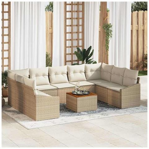 Set di Divani da Giardino da 10 Pezzi con Cuscini Beige in Polyrattan e Acacia - Foto 2