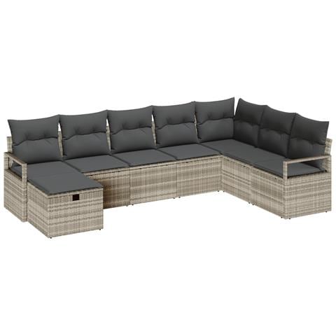 Set di divano da giardino a 8 pezzi con cuscini in rattan poliestere grigio chiaro,  Divano da giardino a 2 posti con cuscini in rattan poliestere grigio - Foto 1
