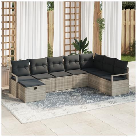 Set di divano da giardino a 8 pezzi con cuscini in rattan poliestere grigio chiaro,  Divano da giardino a 2 posti con cuscini in rattan poliestere grigio - Foto 2