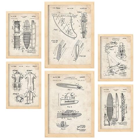 Set Di 6 Stampe Poster Con Brevetti Di Surf Poster Con Immagini Di Brevetti Retrò Design D'interni In Stile Vintage A3 & A4 Telaio In Legno Chiaro - Foto 1