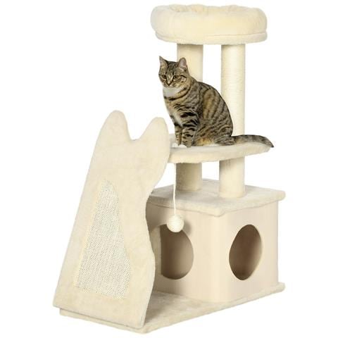 Albero Tiragraffi Per Gatti Con Tappetino E Pali In Sisal, Casetta Sfoderabile E Lettino, 60x30x83cm, Beige - Foto 1