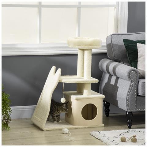 Albero Tiragraffi Per Gatti Con Tappetino E Pali In Sisal, Casetta Sfoderabile E Lettino, 60x30x83cm, Beige - Foto 6