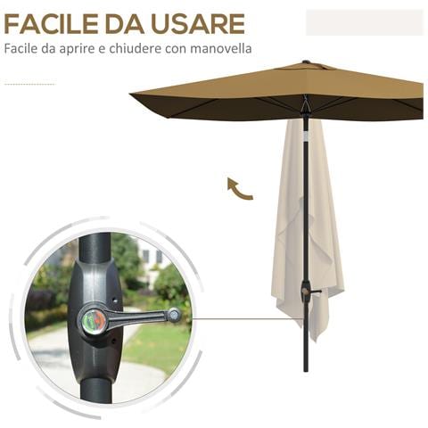 Ombrellone da Giardino Rettangolare 3x2 m con Apertura a Manovella e Inclinabile, Caffè - Foto 2