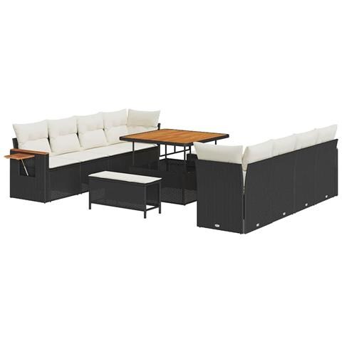 Set di divani da giardino  11 pezzi con cuscini neri in polyrattan acacia, Set da pranzo da giardino  3 pezzi con cuscini neri in polyrattan acacia - Foto 1