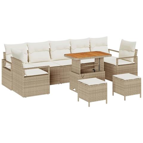 Set di divani da giardino da 10 pezzi con cuscini beige in polyrattan e acacia, Divano da giardino a 2 posti con spazio di stoccaggio e cuscini beige in polyrattan, Set da pranzo da giardino da 3 pezzi con cuscini beige in polyrattan e acacia - Foto 1