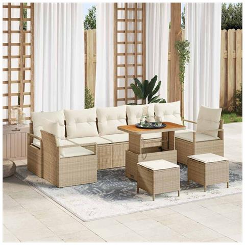 Set di divani da giardino da 10 pezzi con cuscini beige in polyrattan e acacia, Divano da giardino a 2 posti con spazio di stoccaggio e cuscini beige in polyrattan, Set da pranzo da giardino da 3 pezzi con cuscini beige in polyrattan e acacia - Foto 2