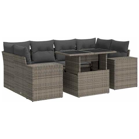 Set Divani da Giardino 7 pz con Cuscini Grigio in Polyrattan - Foto 1