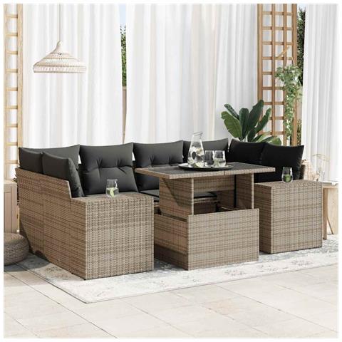 Set Divani da Giardino 7 pz con Cuscini Grigio in Polyrattan - Foto 2