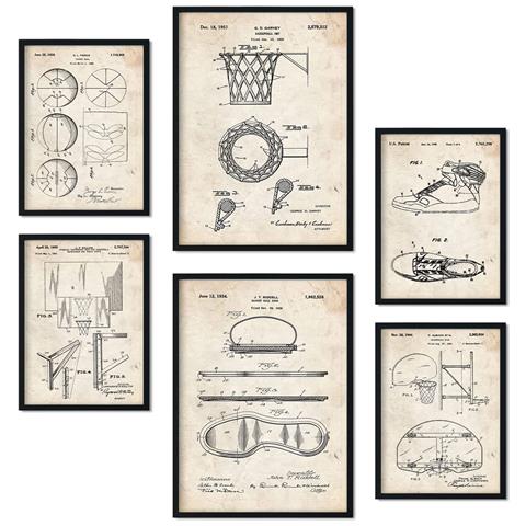 Set Di 6 Stampe Poster Con Brevetti Di Basket Poster Con Immagini Di Brevetti Retrò Design D'interni In Stile Vintage A3 & A4 Cornice Nera - Foto 1
